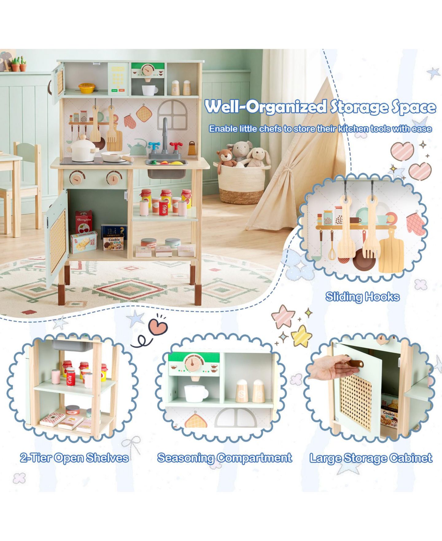 Детская игрушка Mecale Retro-Style Wooden Play Kitchen with Lights and Sounds, Ages 3+, цвет: Зелёный — фото 6