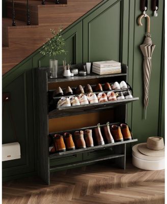 Shoe Storage Cabinet with 2 Flip Drawers, Freestanding Shoe Organizer with Wooden Legs for Entryway, Farmhouse Slim Shoe Storage Cabinet