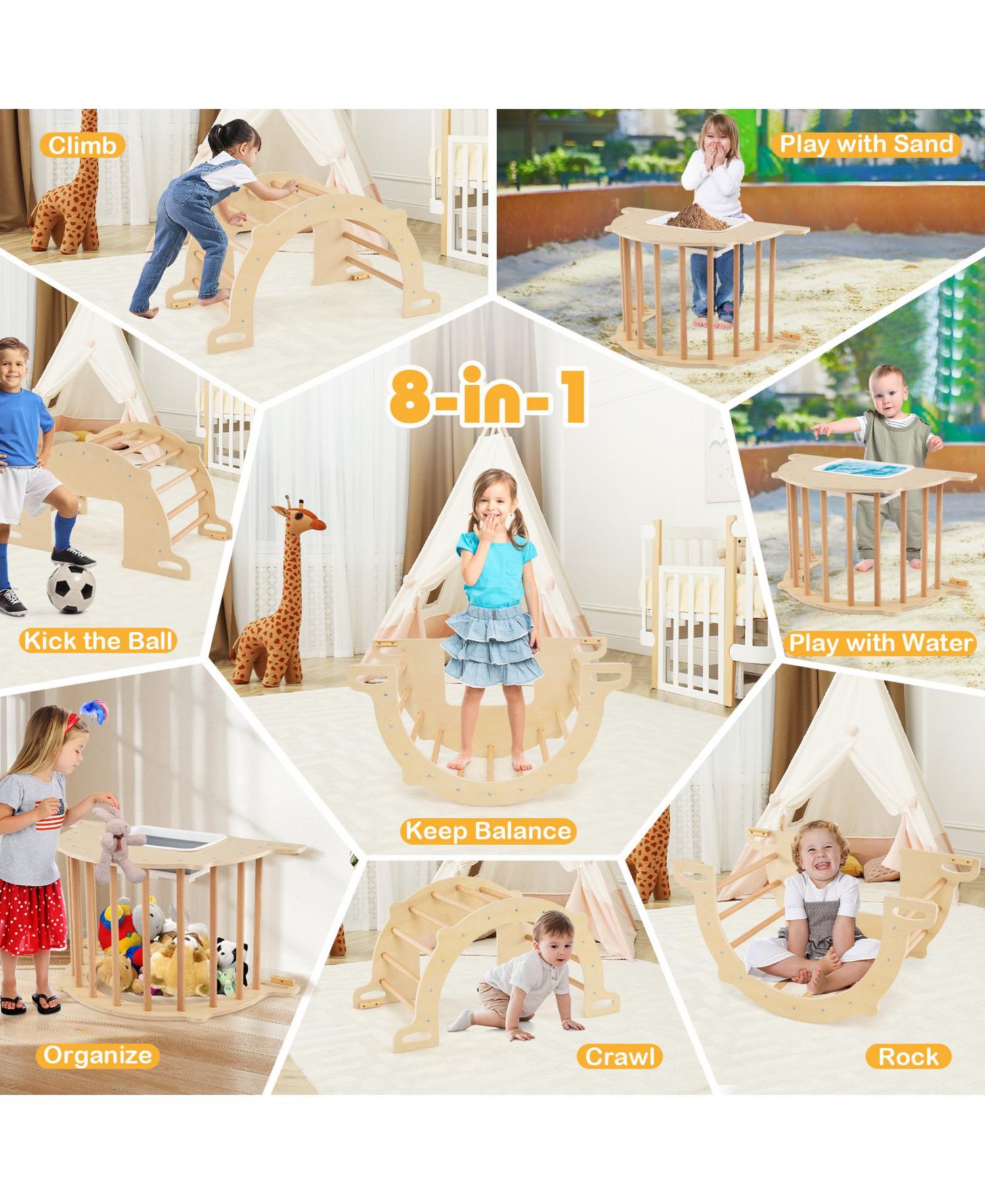 Kids 8-in-1 Montessori Climbing Arch with Sensory Table and Collapsible Storage Bin, Ages 3+