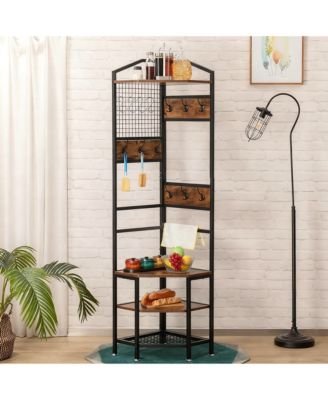 4-Tier Corner Storage Rack with Hooks and Shelves