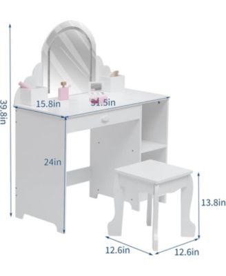 Kids Vanity with Lighted Mirror - 2 in 1 Little Girls Vanity Table and Stool - Kids Makeup with Drawer and Open Shelves for 3-9 Yrs Girls