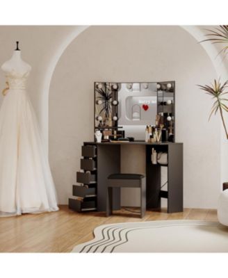 Corner Vanity and Stool - Corner Vanity Desk with Mirror and Lights - 3 Color and Brightness Adjustable Light Corner Makeup Vanity with Power