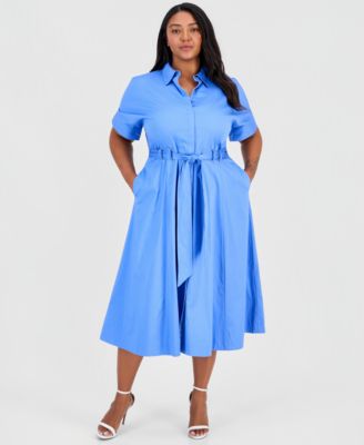 Plus Size Short-Sleeve Stretch Sateen Shirtdress