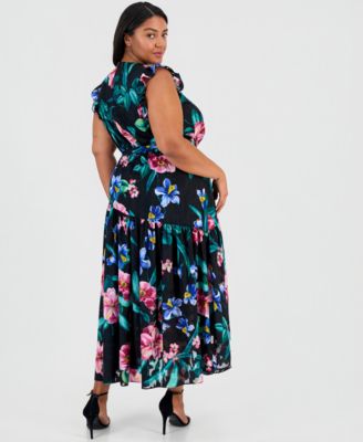 Plus Size Flutter-Sleeve Chiffon Midi Dress