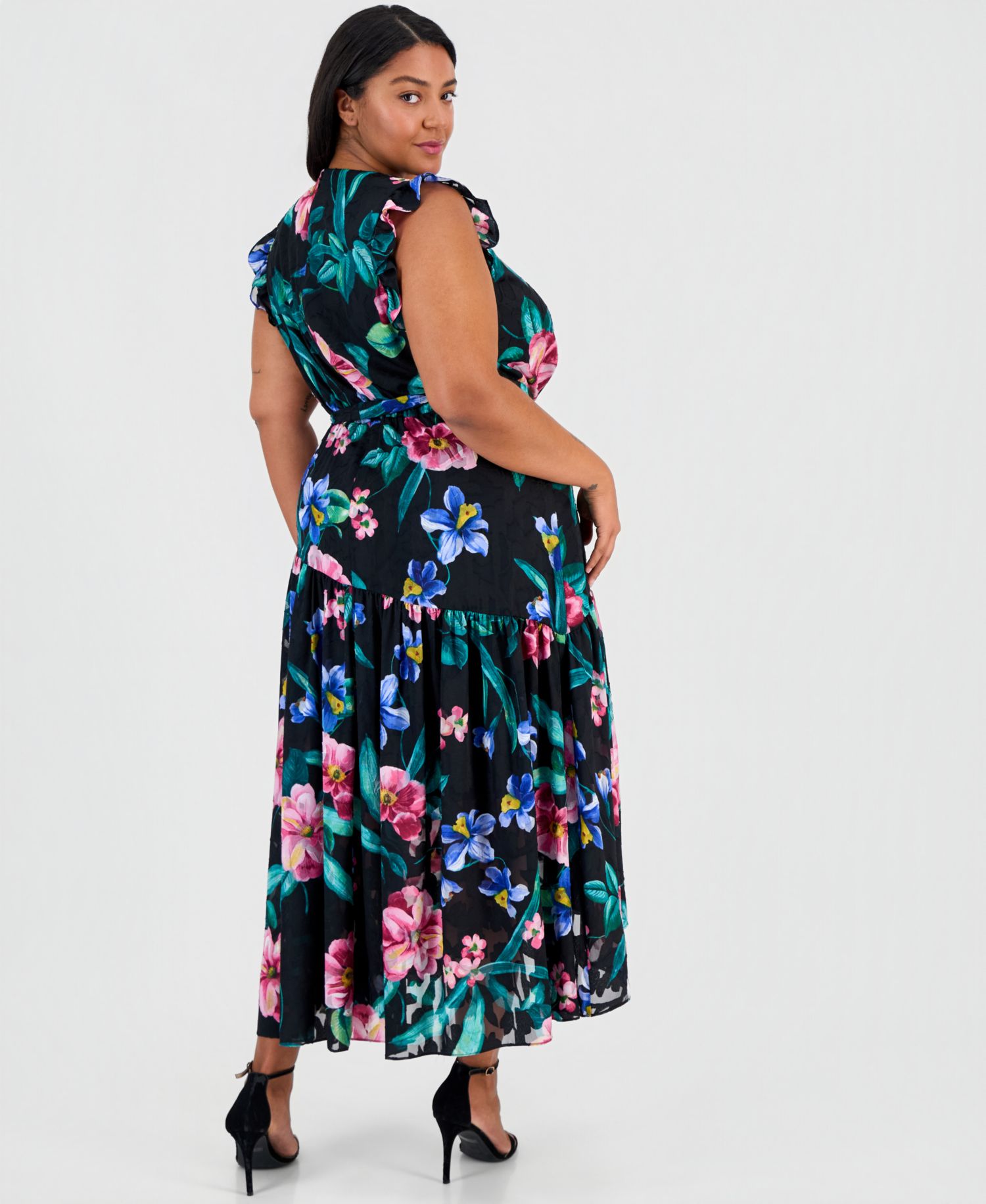 Women's Ruffle-Sleeve V-Neck High-Low Wrap Dress