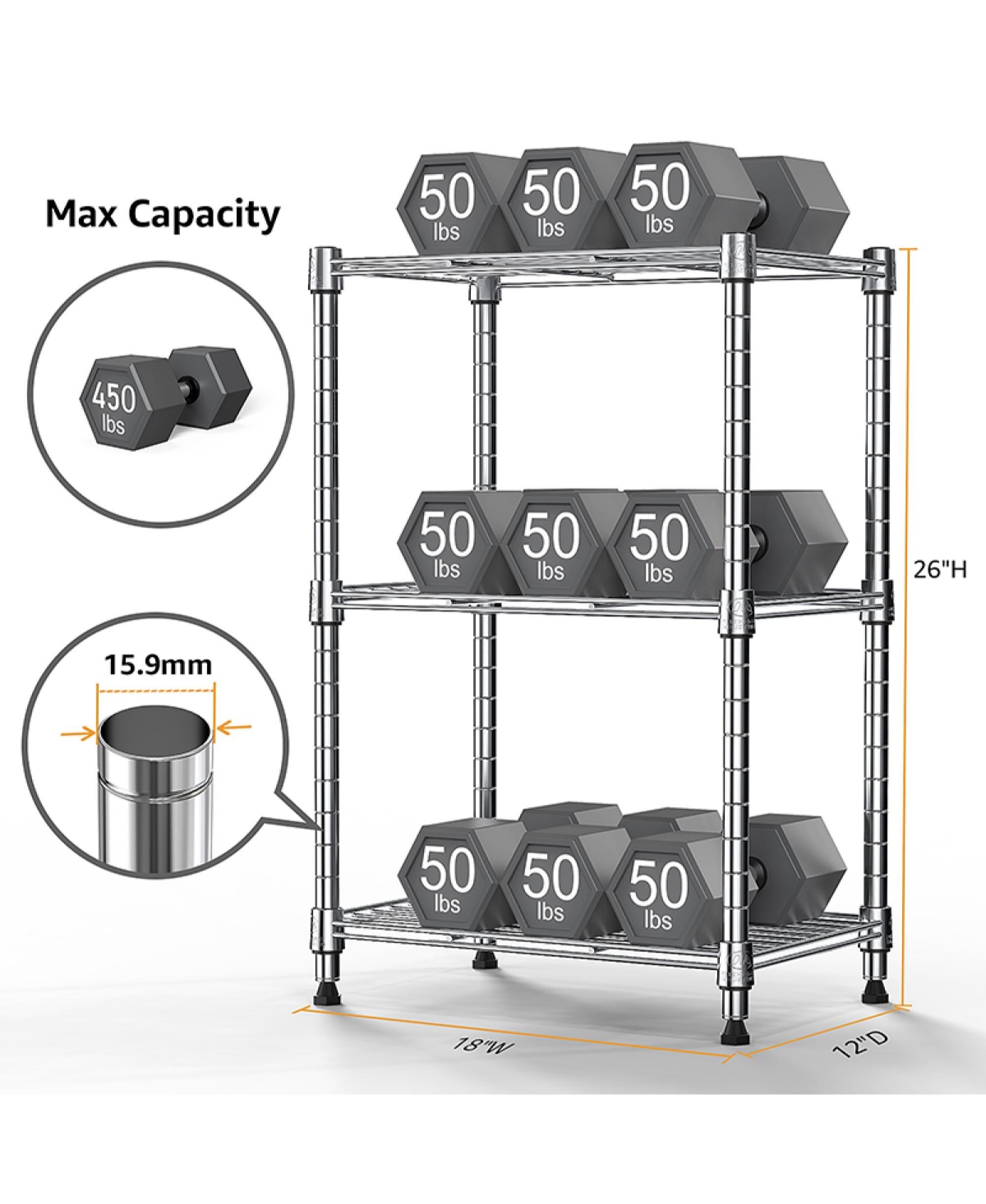 Rainsken 3-Tier Wire Storage Shelving, Adjustable Steel Organizer Rack, 450 lbs Capacity for Garage, Pantry