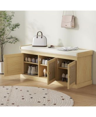 Shoe Storage Bench - Entryway Organizer with Woven Rattan Doors, Adjustable Shelves and Removable Cushion Cover for Hallway