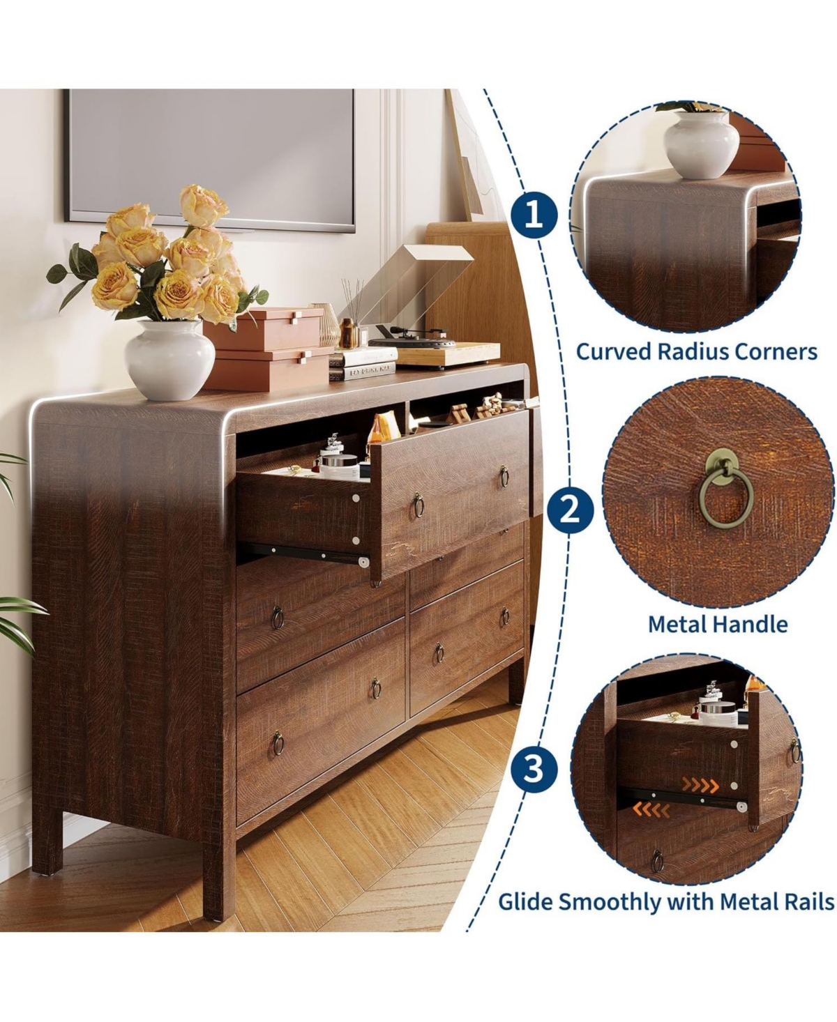 gaomon Modern 6 Drawer Dresser for Bedroom, Dresser Tv Stand with Large Drawers, Walnut Natural Texture
