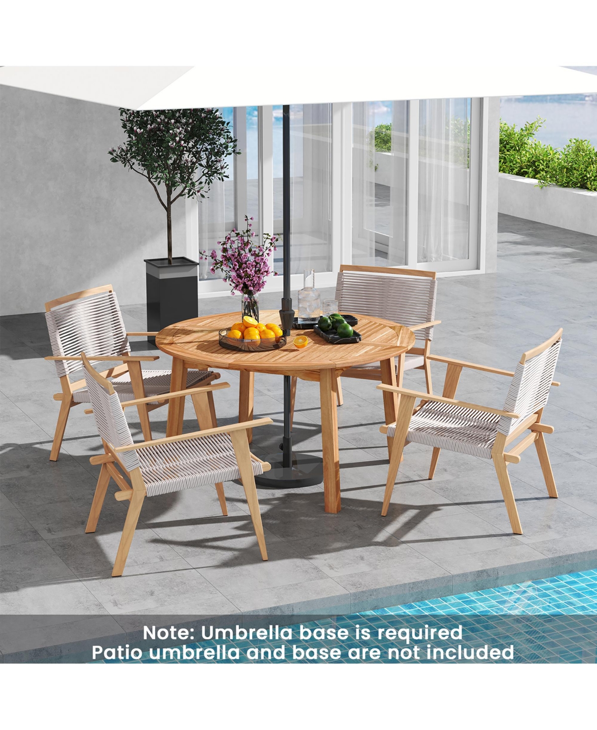 Gymax Round Patio Dining Table Acacia Wood Outdoor Dining Table w/ 2'' Umbrella Hole