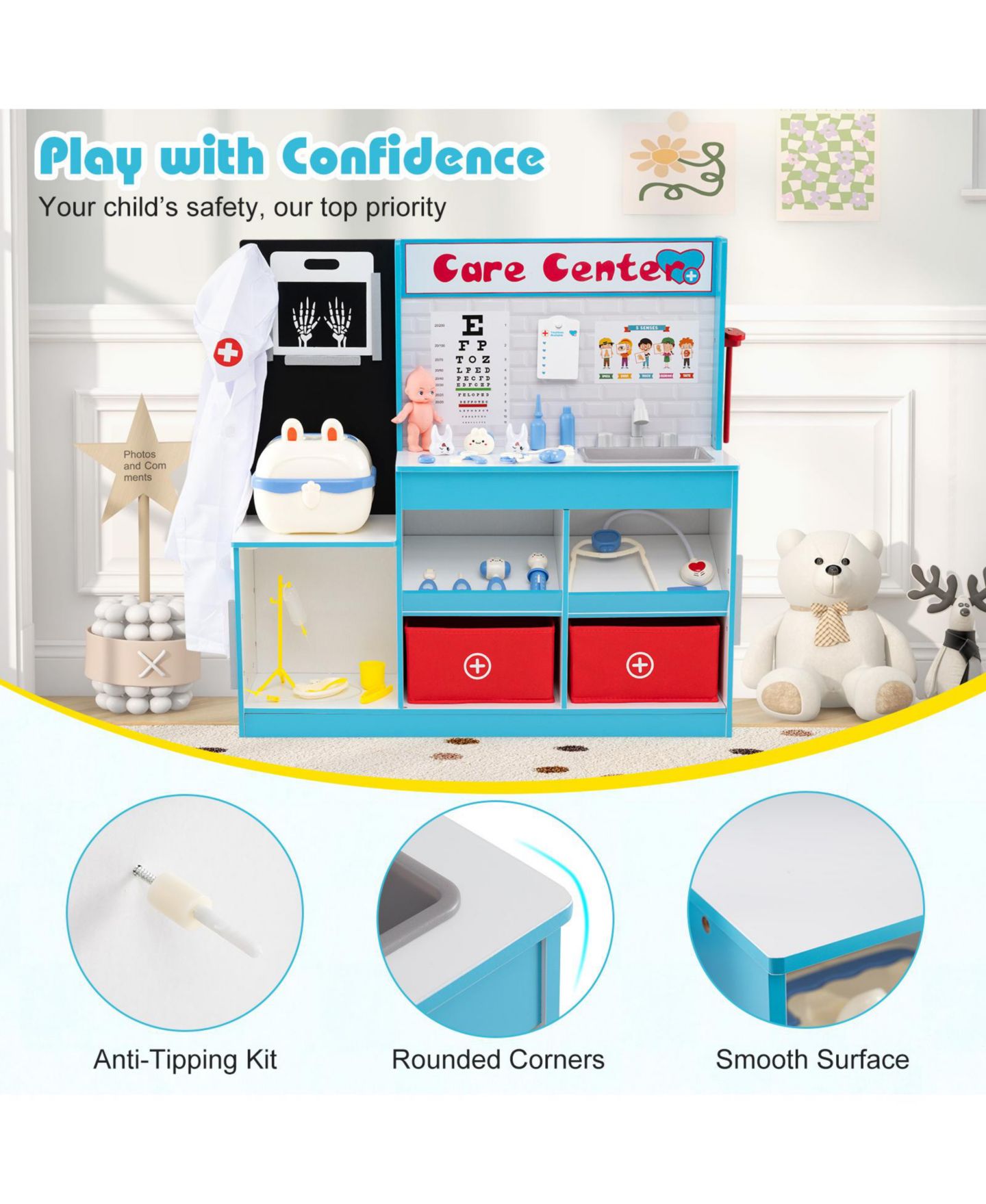 Детские игрушки Mecale Play Doctor s Office Wooden Medical Center Toy Set with Exam Area for Kids, цвет: Синий — фото 7