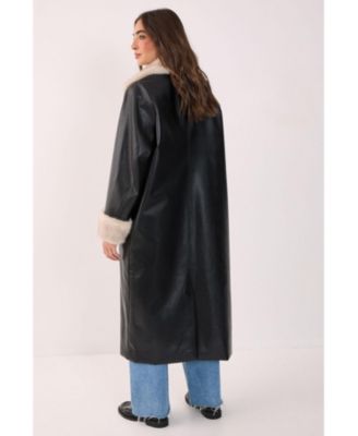 Women's Faux Leather Longline Fur Trim Coat