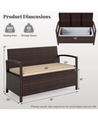 2-Seat PE Wicker Patio Storage Bench with Cushion and Deck Box