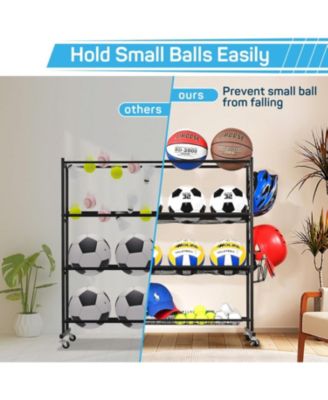 Basketball Rack, Ball Storage with Baseball Bat Holder, Rolling Ball rack with Removable Nylon Mesh for Various Ball Sizes