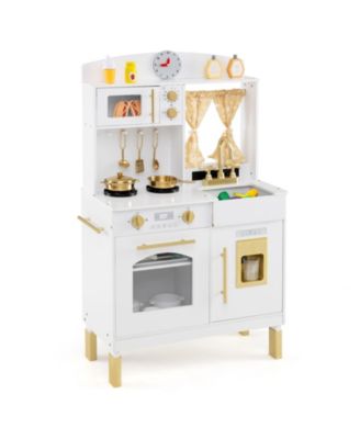 Play Kitchen for Kids, Wooden Chef Pretend Playset with 3 Adjustable Heights & Microwave