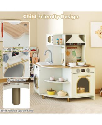 Kids Play Kitchen, Wooden Corner Kitchen Playset with Working Faucet & Sink
