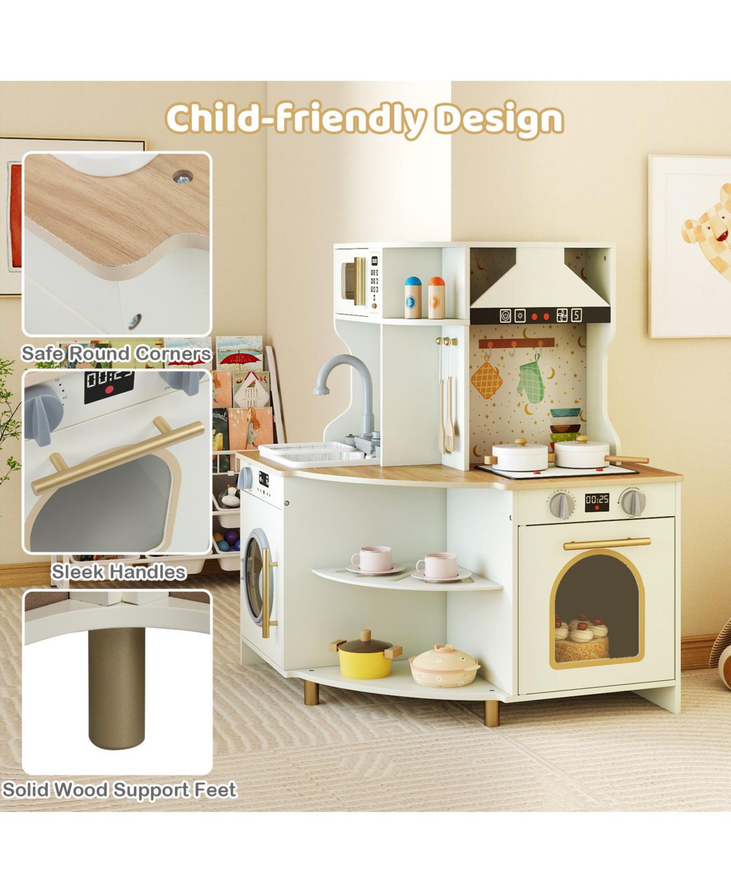 Детский игровой набор Mecale Wooden Corner Kitchen Playset with Working Faucet & Sink, Ages 3+, цвет: Белый — фото 9