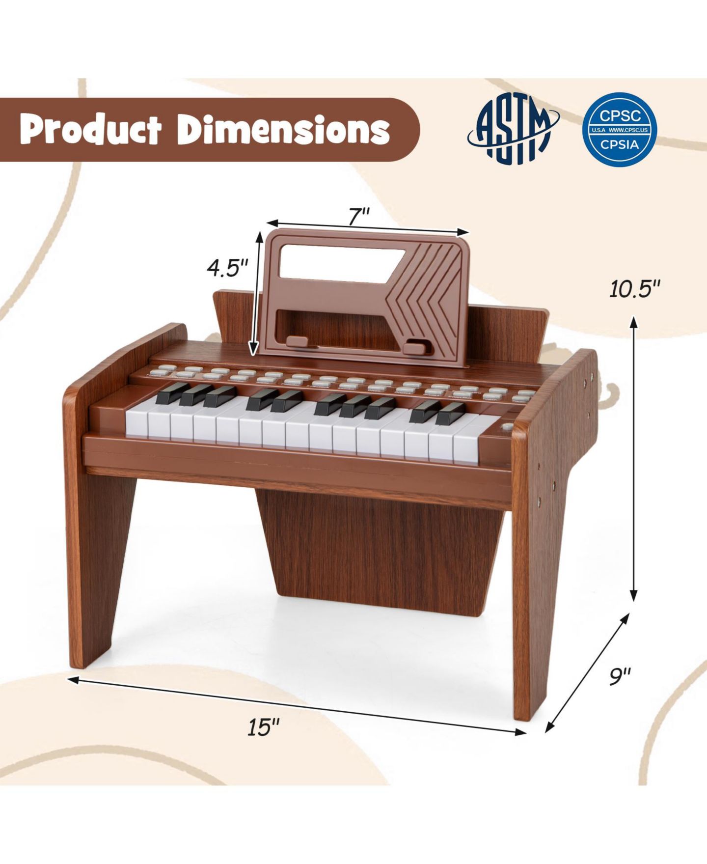 Детская игрушка Mecale 25-Key Children's Piano Keyboard with Light-Up Teaching Mode, Adjustable Speed & Volume, Ages 3+, цвет: Коричневый — фото 4