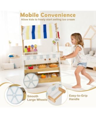 Wooden Ice Cream Cart for Kids, 2-in-1 Grocery Store Playset with Display Shelves
