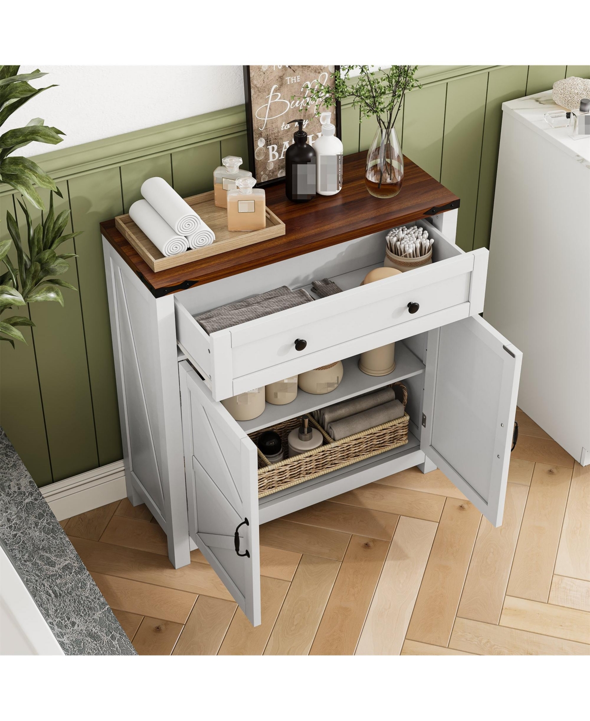 Clihome Modern Coffee Bar Console Cabinet, White Kitchen Cabinet with Walnut Countertop