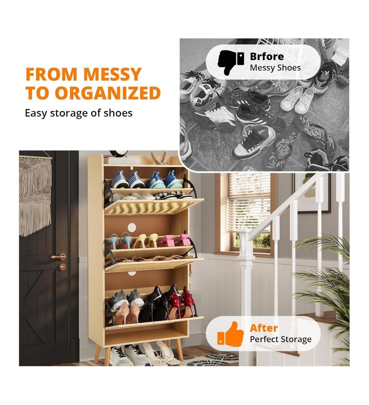 gaomon Shoe Cabinet Hidden Shoe Storage with 3 Flip Rattan Flip-Drawer and Anti-Tip Design, Shoe Cabinet, 18-20 Pairs Storage Organizer, Mdf Frame