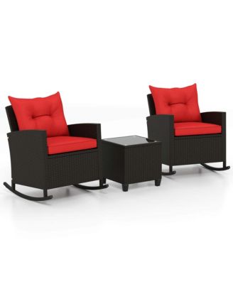 3 PCS Patio Wicker Rocking Set with Tempered Glass Table and Soft Cushions Outdoor