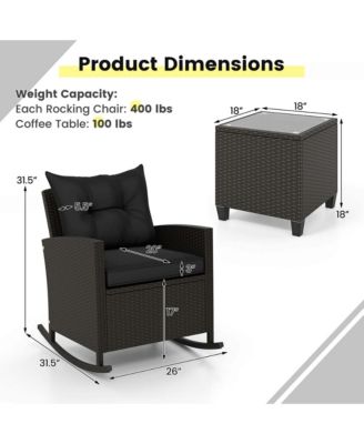 3 PCS Patio Wicker Rocking Set with Tempered Glass Table and Soft Cushions Outdoor