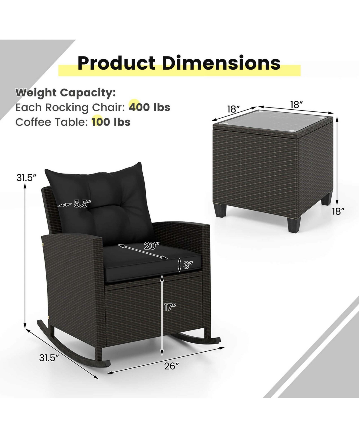 3 Pcs Patio Wicker Rocking Set with Tempered Glass Table & Soft Cushions Outdoor