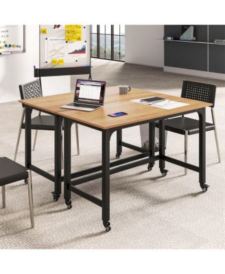 2 PCS Rolling Computer Desk Metal Frame PC Laptop Table Wood Top Study Workstation
