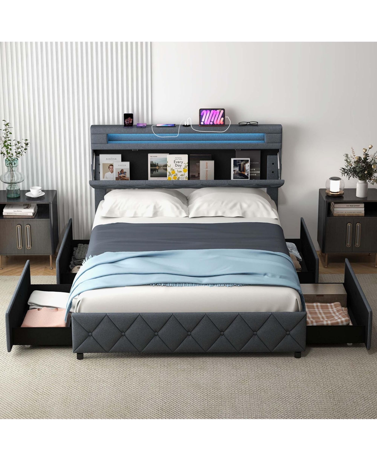 Full Size Bed Frame with Led Lights & Charging Station & Modern Upholstered Bed