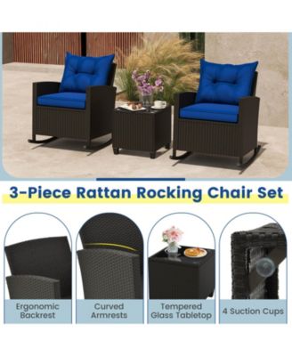 3 PCS Patio Wicker Rocking Set with Tempered Glass Table & Soft Cushions Outdoor
