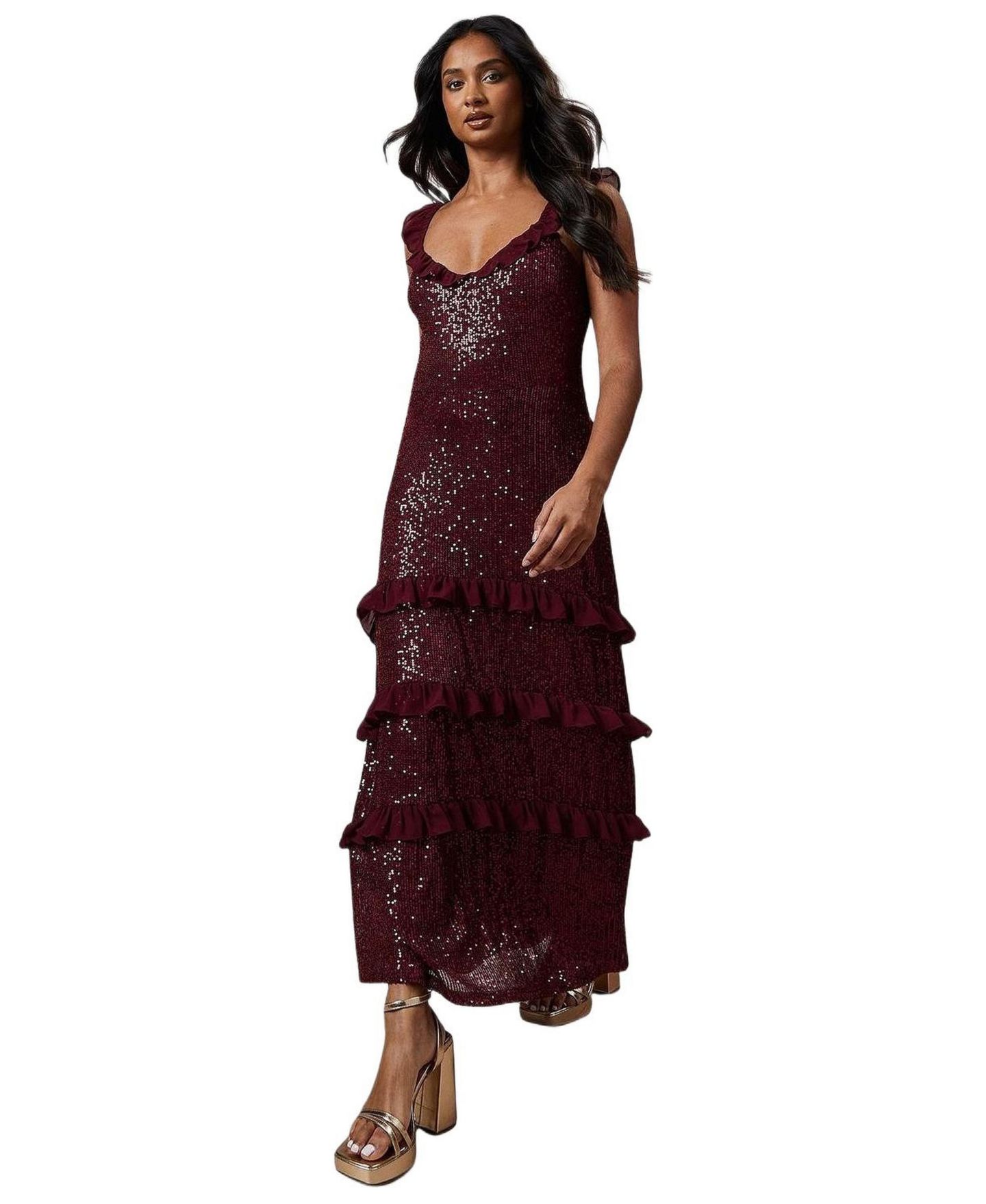 Женское платье Oasis Occasion Sequin Ruffle Midaxi, цвет: Ягодный — фото 1