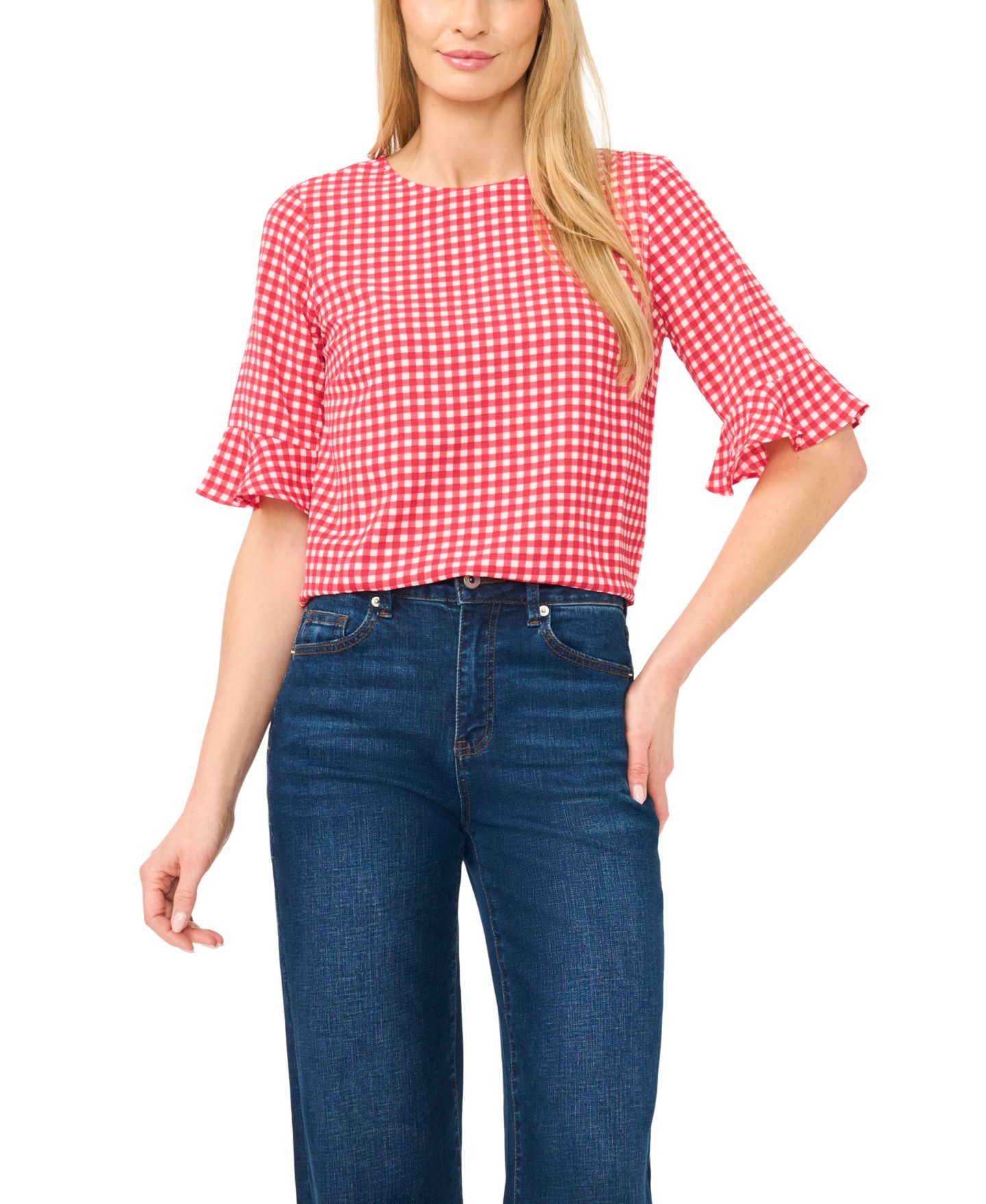 Женская блузка CeCe Gingham Crewneck 3/4-Sleeve Ruffled Cuff, цвет: Бордово-красный — фото 1