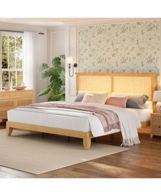 Boho Bed Frame, Rattan Headboard Bed Frame With Led Lights, Noise-Free Platform Light Wood Bed Frame