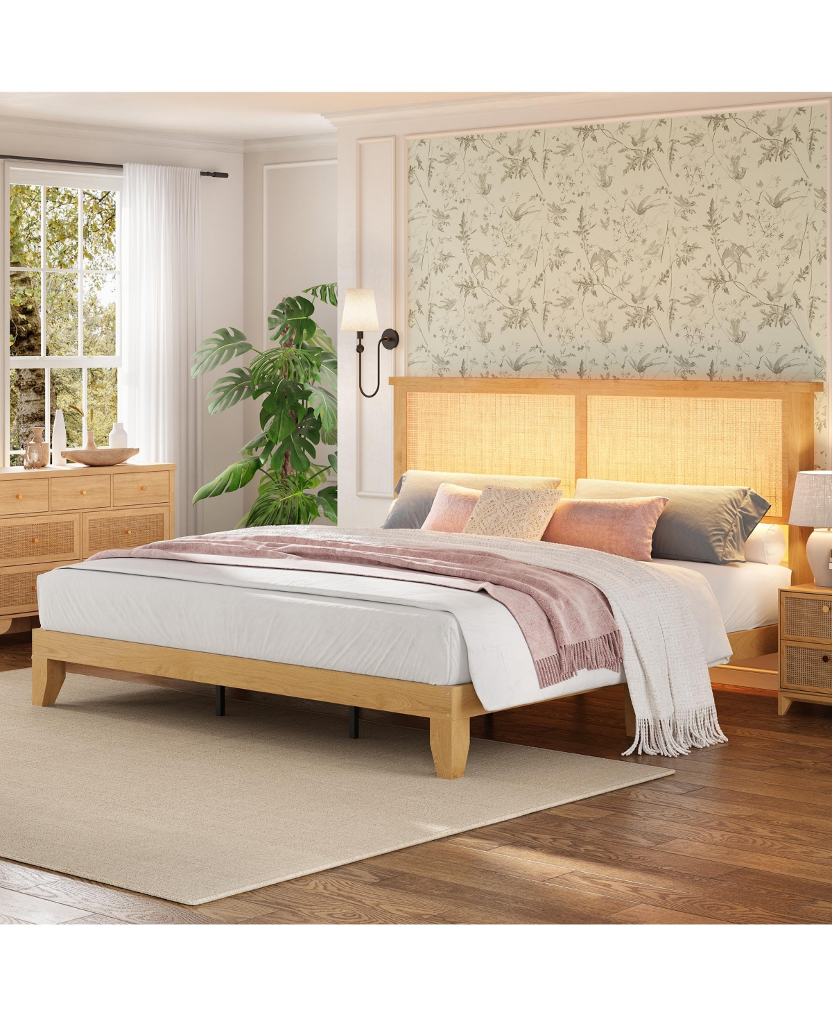 Gaomon Boho Bed Frame, Rattan Headboard Bed Frame With Led Lights