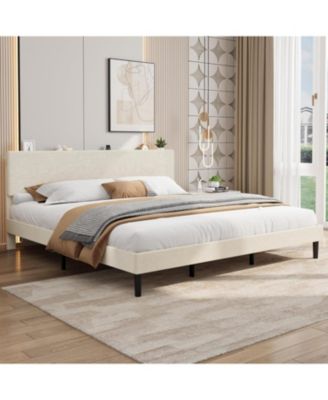 Bed Frame with Charging Station, Corduroy Upholstered Platform Bed Frame with Headboard and Storage Shelf, Solid Wood Slats