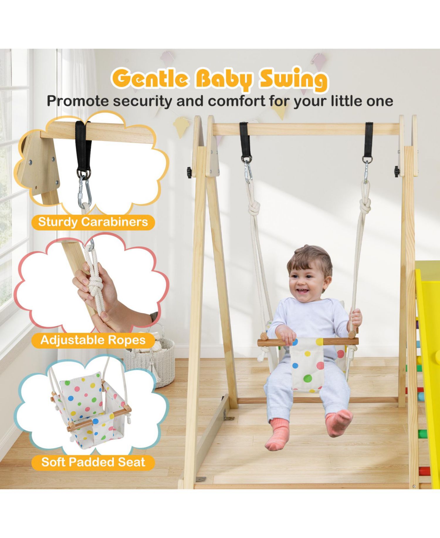 4-in-1 Indoor Jungle Gym Montessori-Inspired Swing, Ladder, Platform and Ramp, 4-Piece Set