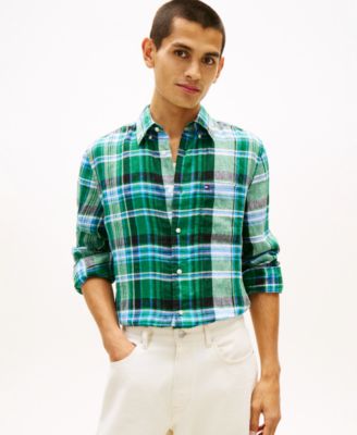 Men's Linen Summer Madras Plaid Shirt