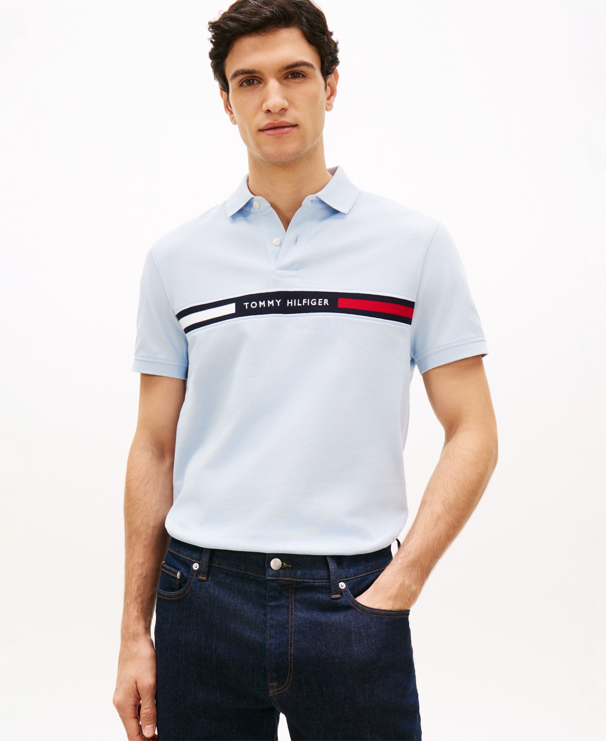 Tommy Hilfiger Men's Short Sleeve Embroidered Chest Stripe Polo Shirt - Breezy Blue