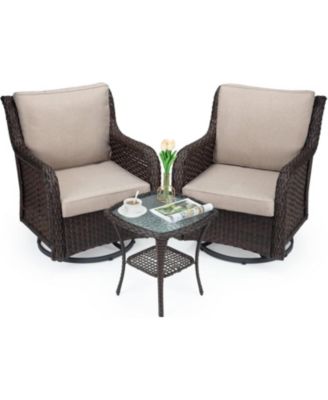 Swivel Wicker Glider Patio Chairs, 3 Piece Outdoor Wicker Rattan Swivel Rocking Chair Set, 360-Degree Rocking Chair, Armored Glass Side Table