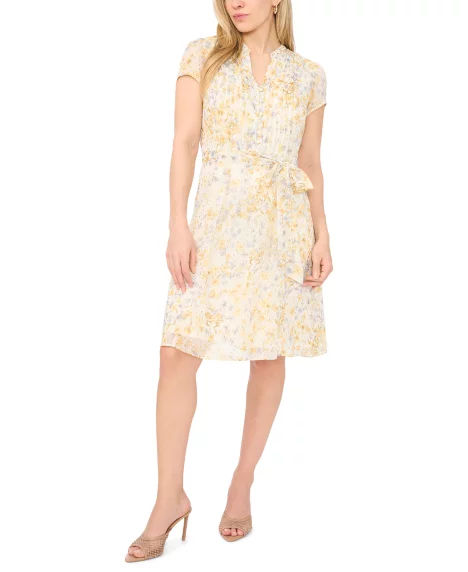 Petite Printed Fit & Flare Split Crewneck Dress - Egret