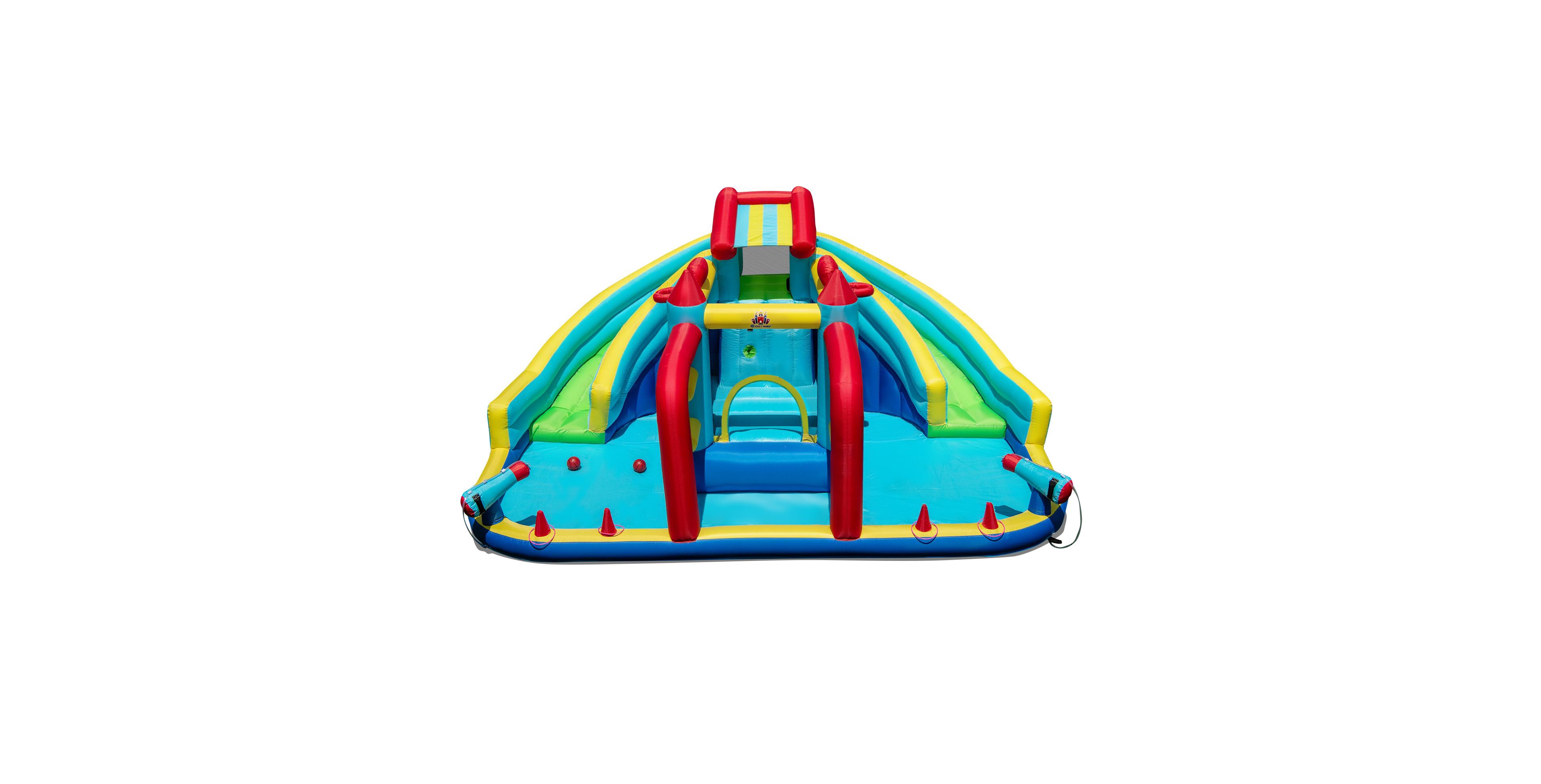 Mecale Inflatable Double Water Slide Park with Obstacle Course & Basketball Hoops