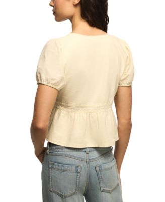 Women's Drawstring Sleeves Lace Peplum V-Neck Top