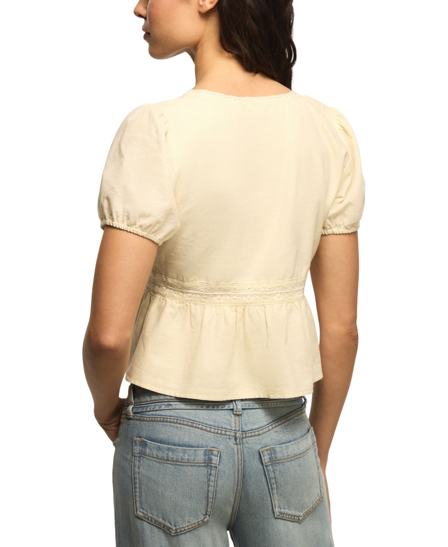 Women's Drawstring Sleeve Lace Peplum V-Neck Top