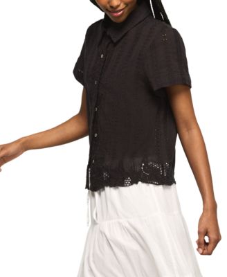 Women's Lace Short-Sleeve Boyfriend Button-Down Shirt