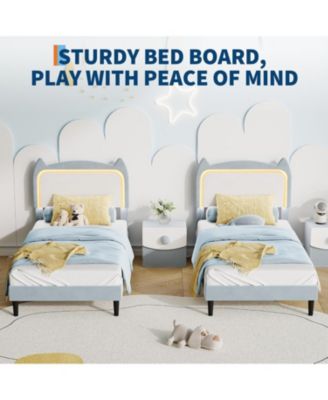 Twin Size Bed Frame with Cat Headboard, Twin Platform Bed Frame with GRB LED Lights & Strong Wood Slats Support, Noise Free