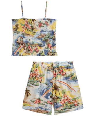 Girls' 7-16 Tropical-Print Smocked Boxy Top & Short, 2-Piece Set