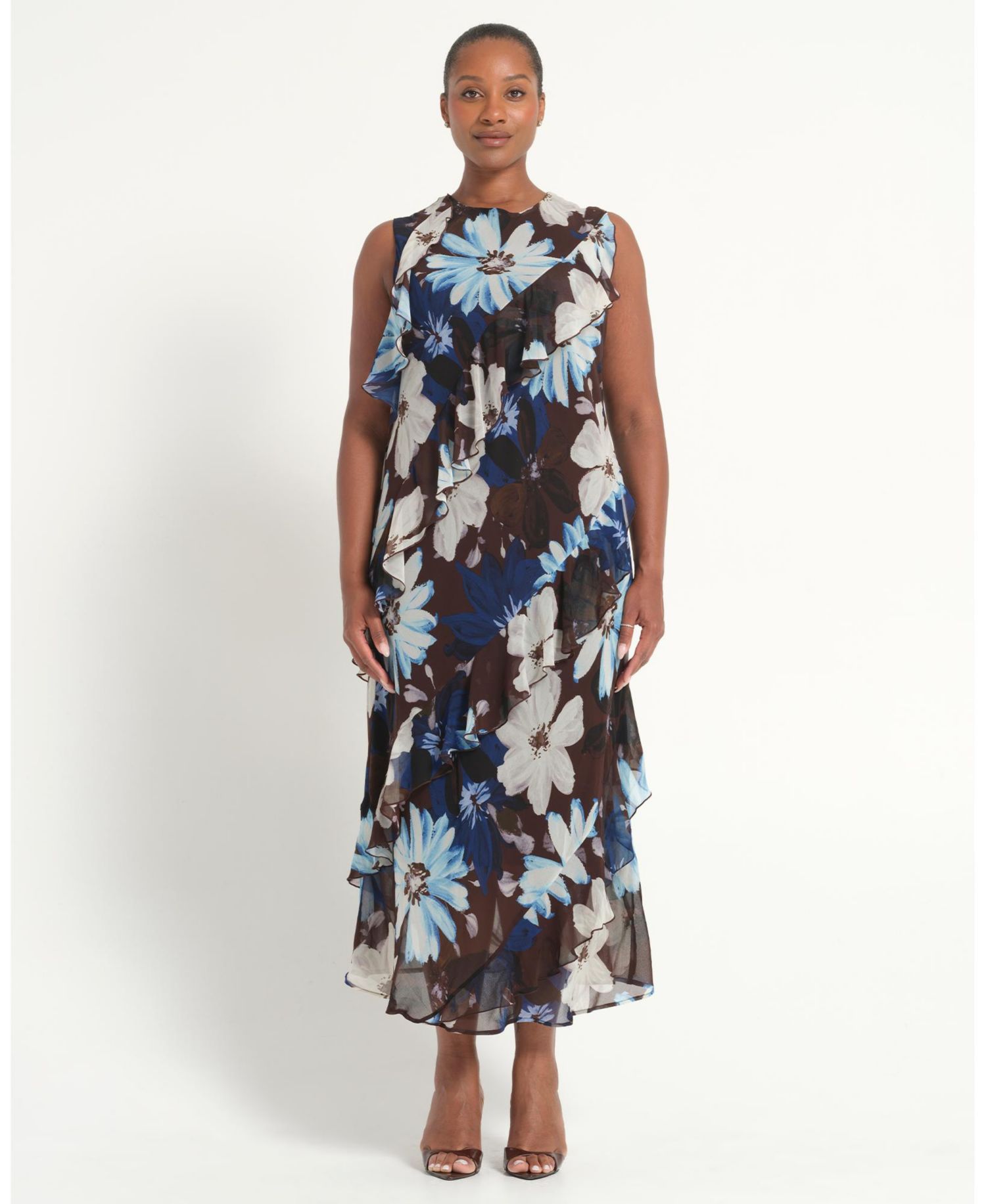 Plus Size Aveline Floral Ruffle Sleeveless Midi Dress