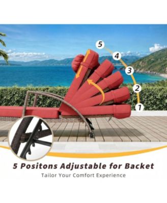 2-Piece Rattan Patio Folding Chaise Lounge, 5-Position Adjustable Backrest Outdoor Lounge Chair with Cushion and Pillow for Poolside, Backyard.