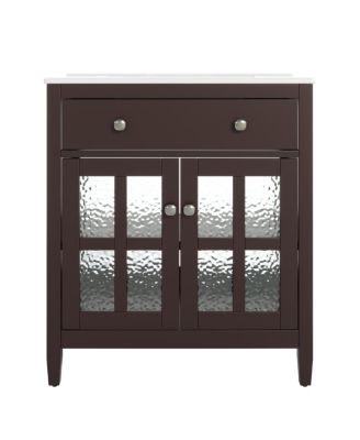 Bathroom Vanity with Sink, Modern Solid Wood Cabinet with Textured Glass Doors, Flip-Out Tray & Adjustable Shelf