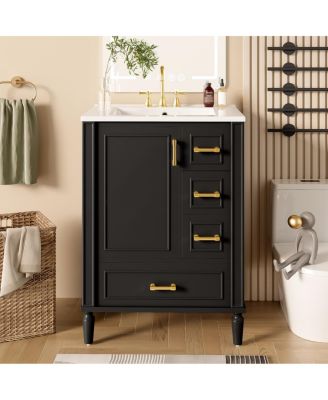 24" Black Bathroom Vanity with Ceramic Sink, Modern Freestanding Solid Wood MDF Cabinet, 3 Drawers Soft Close Door for Small Spaces